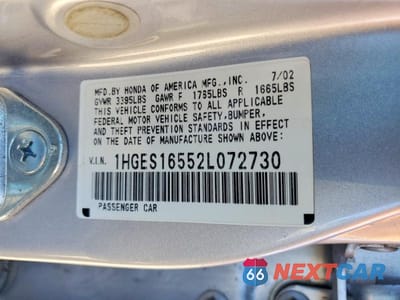 Zdjęcie 12 z 12 samochodu: 2002 HONDA CIVIC LX VIN:1HGES16552L072730 - miniatura