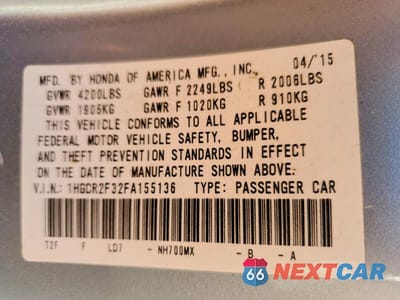 Zdjęcie 12 z 12 samochodu: 2015 HONDA ACCORD LX VIN:1HGCR2F32FA155136 - miniatura