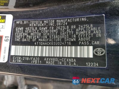 Zdjęcie 12 z 12 samochodu: 2025 TOYOTA CAMRY LE VIN:4T1DAACK6SU024716 - miniatura
