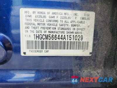 Zdjęcie 12 z 12 samochodu: 2004 HONDA ACCORD EX VIN:1HGCM56644A151029 - miniatura