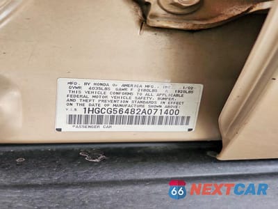 Zdjęcie 12 z 12 samochodu: 2002 HONDA ACCORD 4D LX VIN:1HGCG56482A071400 - miniatura