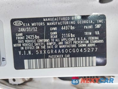 Zdjęcie 12 z 12 samochodu: 2012 KIA OPTIMA SX TURBO VIN:5XXGR4A60CG045277 - miniatura