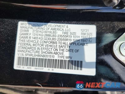 Zdjęcie 14 z 14 samochodu: 2022 HONDA ODYSSEY TOURING VIN:5FNRL6H86NB051510 - miniatura