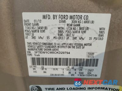 Zdjęcie 12 z 12 samochodu: 2012 FORD F150 SUPERCREW VIN:1FTEW1CM5CKD29794 - miniatura