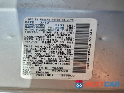 Zdjęcie 13 z 13 samochodu: 2012 NISSAN MURANO S VIN:JN8AZ1MU8CW113598 - miniatura