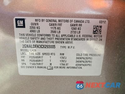 Zdjęcie 13 z 13 samochodu: 2012 CHEVROLET EQUINOX LT VIN:2GNALDEK3C6293005 - miniatura