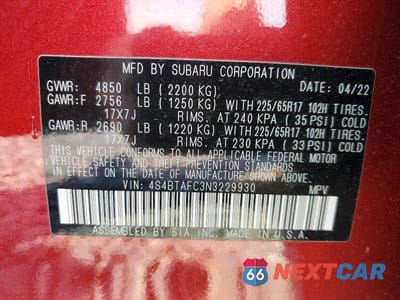 Zdjęcie 12 z 12 samochodu: 2022 SUBARU OUTBACK PREMIUM VIN:4S4BTAFC3N3229930 - miniatura