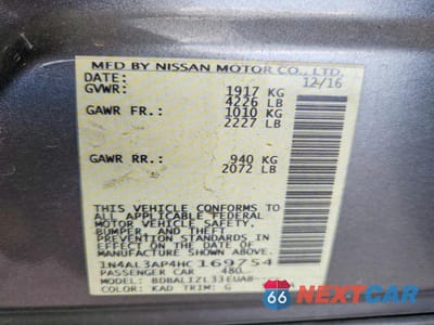 Zdjęcie 12 z 12 samochodu: 2017 NISSAN ALTIMA 2.5 SV VIN:1N4AL3AP4HC169754 - miniatura