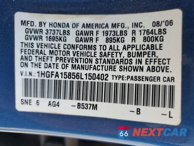 Zdjęcie 12 z 12 samochodu: 2006 HONDA CIVIC EX VIN:1HGFA15856L150402 - miniatura