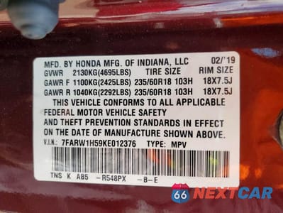 Zdjęcie 14 z 14 samochodu: 2019 HONDA CR-V EX VIN:7FARW1H59KE012376 - miniatura