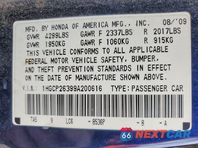 Zdjęcie 12 z 12 samochodu: 2009 HONDA ACCORD LX VIN:1HGCP26399A200616 - miniatura