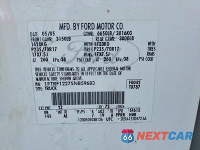 Zdjęcie 12 z 12 samochodu: 2005 FORD F150 VIN:1FTRF12275NB59683 - miniatura