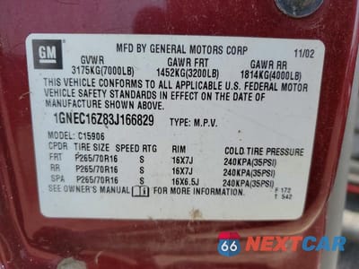 Zdjęcie 13 z 13 samochodu: 2003 CHEVROLET SUBURBAN VIN:1GNEC16Z83J166829 - miniatura