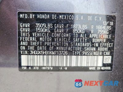 Zdjęcie 12 z 12 samochodu: 2019 HONDA FIT EXL VIN:3HGGK5H91KM713726 - miniatura