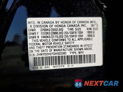 Zdjęcie 13 z 13 samochodu: 2013 ACURA MDX VIN:2HNYD2H27DH503383 - miniatura
