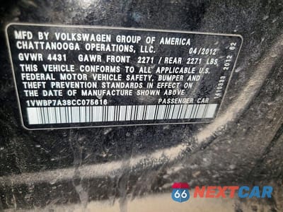 Zdjęcie 12 z 12 samochodu: 2012 VOLKSWAGEN PASSAT SE VIN:1VWBP7A38CC075616 - miniatura