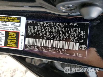 Zdjęcie 12 z 12 samochodu: 2012 TOYOTA CAMRY BASE VIN:4T1BF1FK4CU072737 - miniatura