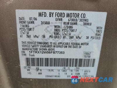 Zdjęcie 12 z 12 samochodu: 2006 FORD F150 VIN:1FTRX12W56FB77353 - miniatura