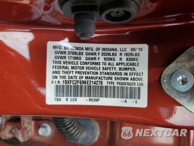 Zdjęcie 12 z 13 samochodu: 2019 HONDA CIVIC LX VIN:19XFC2F69KE214276 - miniatura