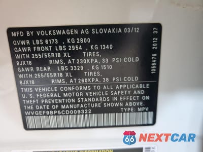 Zdjęcie 13 z 13 samochodu: 2012 VOLKSWAGEN TOUAREG V6 VIN:WVGEF9BP5CD009322 - miniatura