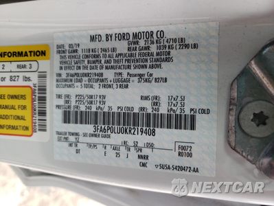 Zdjęcie 12 z 12 samochodu: 2019 FORD FUSION SE VIN:3FA6P0LU0KR219408 - miniatura