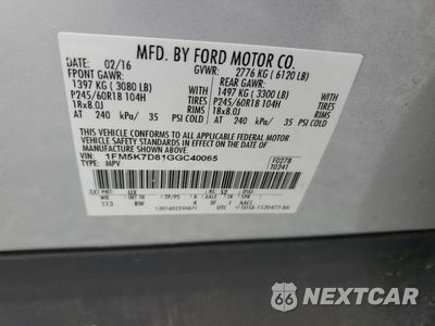 Zdjęcie 14 z 14 samochodu: 2016 FORD EXPLORER XLT VIN:1FM5K7D81GGC40065 - miniatura