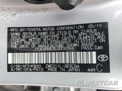 Zdjęcie 12 z 13 samochodu: 2020 TOYOTA COROLLA LE VIN:JTDEBRBE3LJ008394 - miniatura