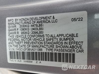 Zdjęcie 12 z 14 samochodu: 2022 HONDA ACCORD SPORT VIN:1HGCV2F38NA011388 - miniatura