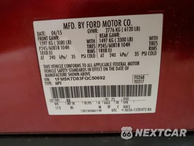 Zdjęcie 12 z 12 samochodu: 2015 FORD EXPLORER XLT VIN:1FM5K7D83FGC50692 - miniatura