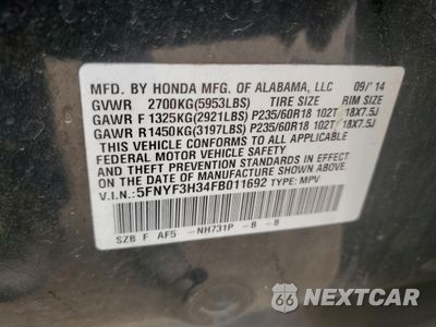 Zdjęcie 14 z 14 samochodu: 2015 HONDA PILOT SE VIN:5FNYF3H34FB011692 - miniatura
