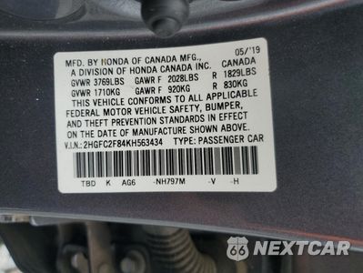 Zdjęcie 12 z 14 samochodu: 2019 HONDA CIVIC SPORT VIN:2HGFC2F84KH563434 - miniatura