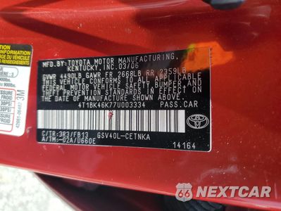 Zdjęcie 12 z 12 samochodu: 2007 TOYOTA CAMRY LE VIN:4T1BK46K77U003334 - miniatura