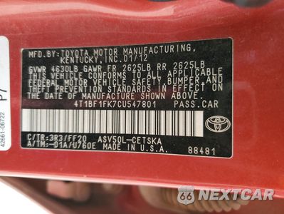 Zdjęcie 12 z 14 samochodu: 2012 TOYOTA CAMRY BASE VIN:4T1BF1FK7CU547801 - miniatura