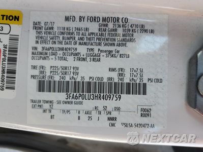 Zdjęcie 12 z 13 samochodu: 2017 FORD FUSION SE HYBRID VIN:3FA6P0LU3HR409759 - miniatura
