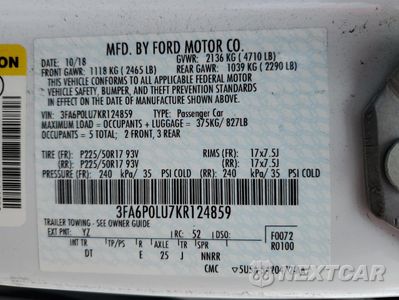Zdjęcie 12 z 12 samochodu: 2019 FORD FUSION SE VIN:3FA6P0LU7KR124859 - miniatura