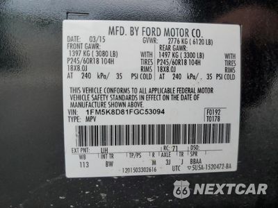 Zdjęcie 13 z 15 samochodu: 2015 FORD EXPLORER XLT VIN:1FM5K8D81FGC53094 - miniatura