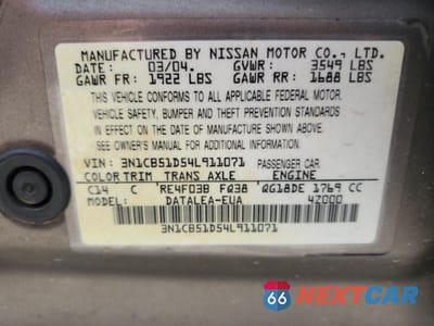Zdjęcie 13 z 15 samochodu: 2004 NISSAN SENTRA 1.8 VIN:3N1CB51D54L911071 - miniatura