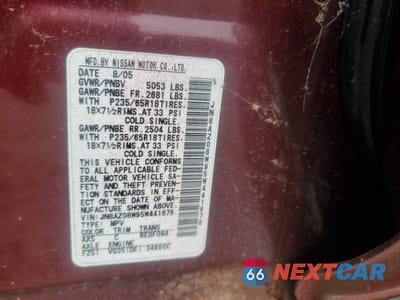 Zdjęcie 13 z 13 samochodu: 2005 NISSAN MURANO SL VIN:JN8AZ08W95W441878 - miniatura