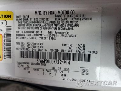 Zdjęcie 12 z 12 samochodu: 2019 FORD FUSION SE VIN:3FA6P0LU0KR124914 - miniatura