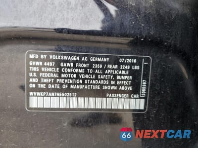 Zdjęcie 12 z 14 samochodu: 2017 VOLKSWAGEN CC SPORT VIN:WVWKP7AN7HE502512 - miniatura