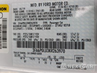 Zdjęcie 12 z 13 samochodu: 2019 FORD FUSION SE VIN:3FA6P0LU3KR263970 - miniatura