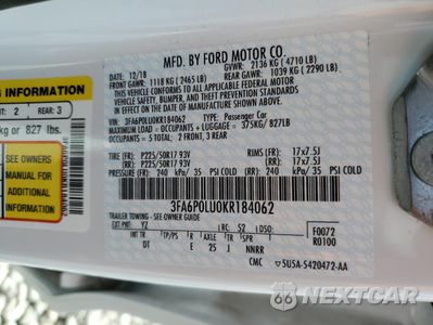 Zdjęcie 12 z 13 samochodu: 2019 FORD FUSION SE VIN:3FA6P0LU0KR184062 - miniatura