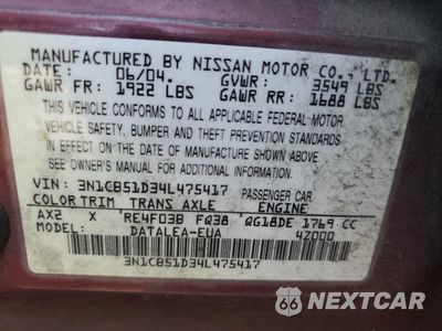 Zdjęcie 12 z 14 samochodu: 2004 NISSAN SENTRA 1.8 VIN:3N1CB51D34L475417 - miniatura