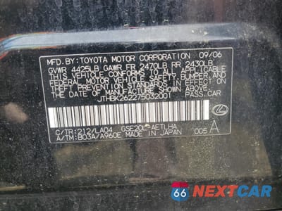 Zdjęcie 12 z 12 samochodu: 2007 LEXUS IS 250 VIN:JTHBK262275032001 - miniatura