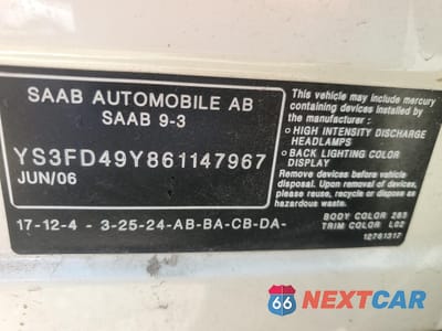 Zdjęcie 12 z 12 samochodu: 2006 SAAB 9-3 VIN:YS3FD49Y861147967 - miniatura