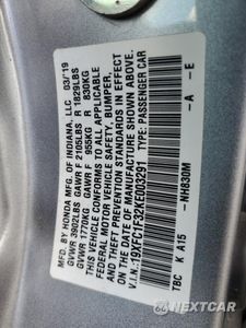 Zdjęcie 12 z 15 samochodu: 2019 HONDA CIVIC EX VIN:19XFC1F32KE003291 - miniatura