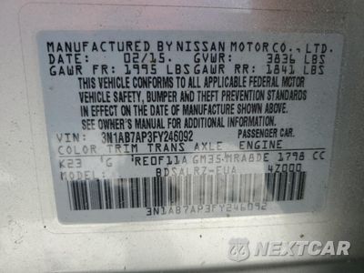 Zdjęcie 12 z 12 samochodu: 2015 NISSAN SENTRA S VIN:3N1AB7AP3FY246092 - miniatura