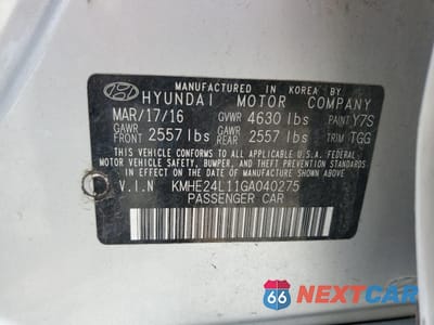 Zdjęcie 12 z 12 samochodu: 2016 HYUNDAI SONATA HYBRID VIN:KMHE24L11GA040275 - miniatura