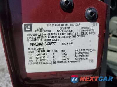 Zdjęcie 13 z 13 samochodu: 2003 CHEVROLET SUBURBAN C1500 VIN:1GNEC16Z13J288707 - miniatura