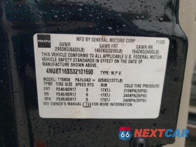 Zdjęcie 13 z 15 samochodu: 2003 ISUZU ASCENDER S VIN:4NUET16S532101690 - miniatura